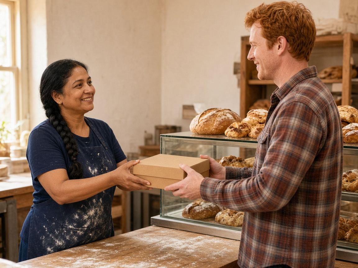 A baker handing a customer a boxed order across the counter