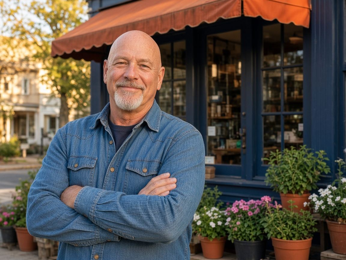 A shop owner standing proudly outside his store